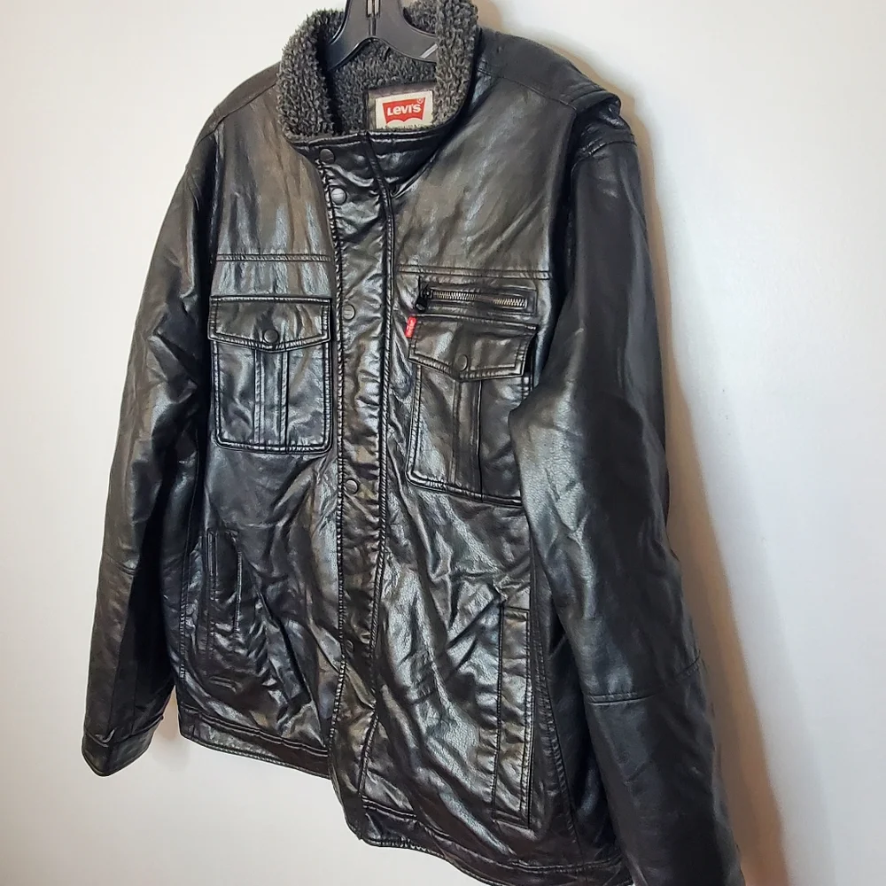 Levi's faux soft vegan black leather jacket coat dark gray sherpa lined size xxl